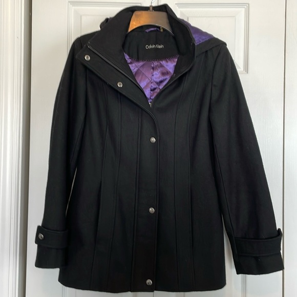 Women’s Calvin Klein Sz Small wool winter coat Removable hood zip & snap lined - Picture 2 of 11